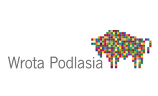 Grafika przedstawia napis Wrota Podlasia oraz żubra wykonanego z różnokolorowych pikseli.