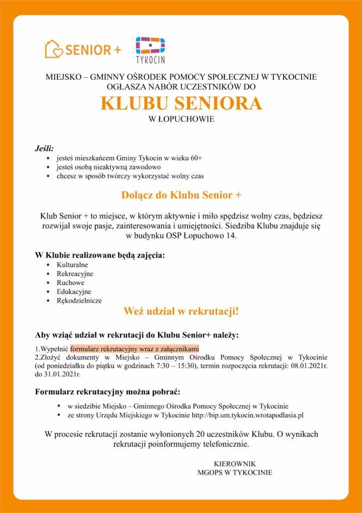 Plakat naqbór do Klubu Senior Plus w Łopuchowie