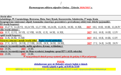 Informacja dotycząca terminu odbioru odpadów komunalnych frakcji: szkło + popiół