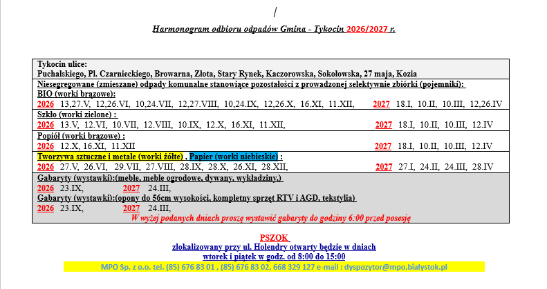 Informacja dotycząca terminu odbioru odpadów komunalnych frakcji: szkło + popiół