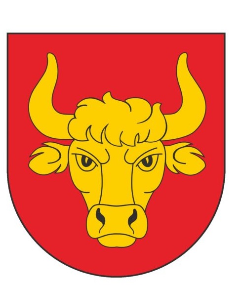 Grafika przedstawia czerwony herb z zółtym bykiem