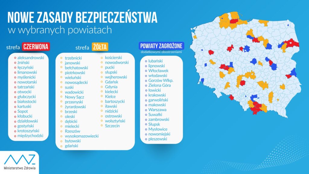 Od 3 października gmina będzie w czerwonej strefie obostrzeń, mapa powiatów z podziałem na strefy. Powiat białostocki, w tym gmina Tykocin w czerwonej strefie.