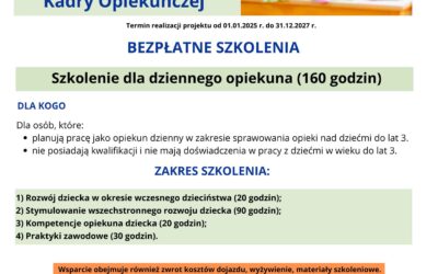 Bezpłatne szkolenia w ramach projektu pn. „OPIEKA Z PASJĄ – Podnoszenie Kwalifikacji Kadry Opiekuńczej”